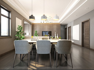3D RENDER OF MODERN HOME INTERIOR, LIVING AND DINING ROOM