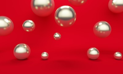 Abstract red background with metal flying spheres. Backdrop design for product promotion. 3d rendering