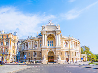 Odessa, Ukraine - April, 30, 2020. Beautiful national opera and ballet thaetre. Odessa National Academic Opera and Ballet Theatre on the empty streets during COVID-19 lockdown.