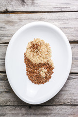 Flat lay shot of a red and white rice shaped as a yin yang symbol