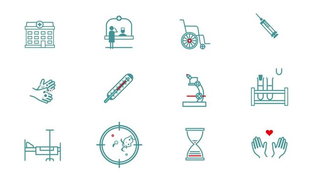 Healthcare graphic animation icons. Medical professional equipment for internet, online consultation, diagnostic, hospital website.Cartoon flat video pictogramm in web lineart style for mobile app