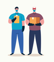 delivery workers using medical mask during covid 19 pandemic vector illustration design