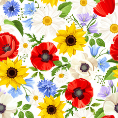 Fototapety  Vector seamless pattern with colorful flowers (sunflowers, poppies, daisies, bluebells and cornflowers).