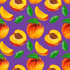 Peaches with half and leaves. Fruit seamless pattern design for wallpaper, paper, textile, fabric.