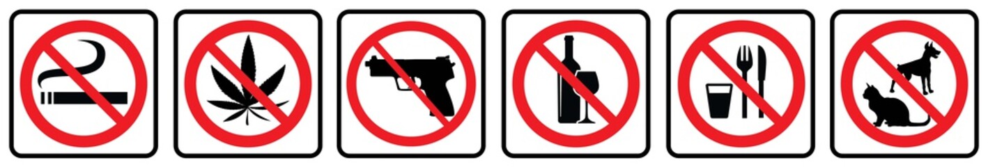 Pets not allowed sign, No smoking sign, No foods symbol, no alcohol icon, no weapon and no marijuana icon- Prohibition sign collection