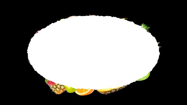 Alpha channel, 32 bit. Creative 4k stop motion animation of many different fruits flying from the center and slowing down around a beautiful oval frame with space for text and flying fast. 