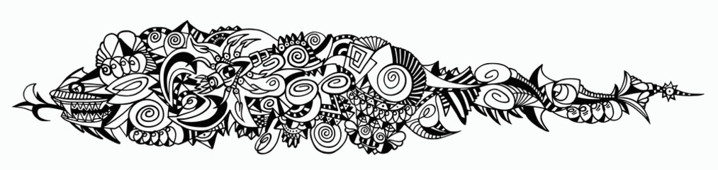 Black and white abstract drawing of a dragon on a white background.