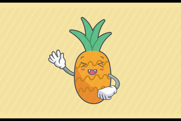 LAUGHING, HAPPY, FUN, cheerful Face Emotion. Waving Hand Gesture. Pineapple Fruit Cartoon Drawn Mascot Illustration.