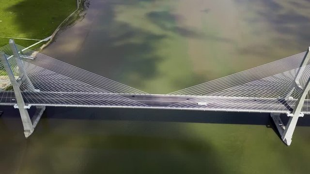 Aerial view of the Vasco da Gama bridge in Lisbon, Portugal. Top view of the longest bridge in Europe.