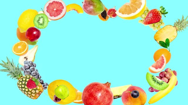 Creative 4k stop motion animation of many different tropical fruits appearing from the center, freezing for a moment and scattering in different directions on a summer blue background. Fruit explosion