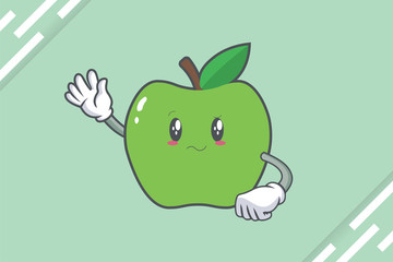 REALLY, ATTENTIVE, CONFUSED Face Emotion. Waving Hand Gesture. Green Apple Mascot Illustration.