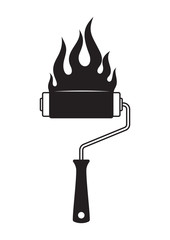 Vector black line burning paint roller. Isolated on white background.