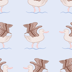 Winged seagull vector pattern background. Cartoon seabird seamless illustration background.