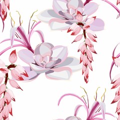 Seamless pattern: Succulent and exotic pink flowers. Hand drawn beautiful elements. Nature botanical art, elegant pink wallpaper background, print design, exotic bouquet.