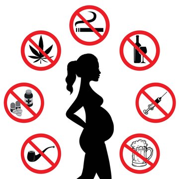 Do Not Get Drugs During Pregnancy. Prohibition Sign Collection. No Smoking, No Marijuana, No Alcohol, No Beer, No Tobacco Pipe Symbol Collection