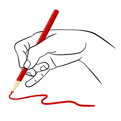 Human hand holding a pencil and drawing a curve line with a red pencil