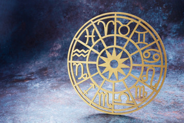 Zodiac signs horoscope circle on dark background. Astrology background.