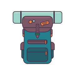Colorful camping backpack in flat design. Tourist retro back pack vector illustration. Classic styled hiking backpack with sleeping bags. Camp and hike bag and knapsack.
