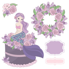 MERMAID BIRTHDAY SET Princess Girl Underwater Tropical Sea Ocean Travel Cruise Vacation Floral Wedding Holiday Clip Art Vector Illustration Complete for Print
