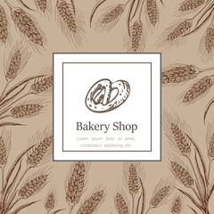Bakery, pastry shop label, logo, flyer template with wheat ears frame, pretzel and lettering. bakeshop background. hand drawn sketch illustration. banner for bakehouse, bread packaging design.