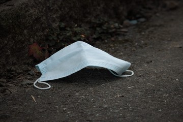 Coronavirus masks litter empty streets and environment during global pandemic.