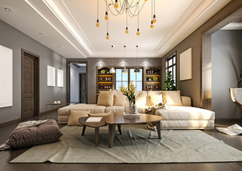 3D RENDER OF MODERN HOME INTERIOR, LIVING AND DINING ROOM