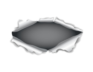 Paper hole. Realistic vector torn paper with ripped edges. Torn hole in the sheet of paper on a dark background. Vector illustration - obrazy, fototapety, plakaty