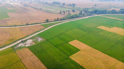 Aerial or Bird's eye view of freshly harvested wheat field in the flat lands of Nepal