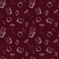 Seamless background of hand-drawn alcoholic beverages. Sketch drinks