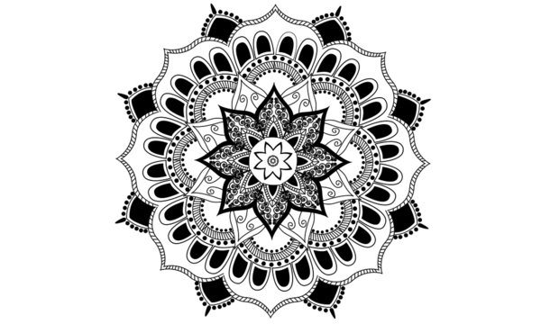 Mandala art illustration in black and white. Circular pattern mehndi and hena design. Decorative mandala design for print. Floral round art illustration of mandala style in luxury design