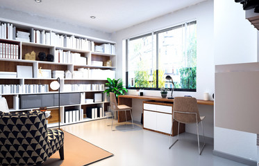 3D RENDER OF MODERN HOME INTERIOR, LIVING AND DINING ROOM