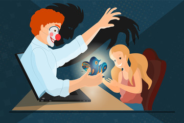 The threat of uncontrolled surfing the Internet for children. A computer fraudster lures a girl into the network with the help of a bait - a beautiful butterfly. Network access restriction concept. 