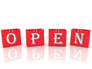 OPEN concept on red shopping bags