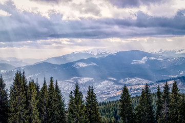 Winter cloudy landscape of the Carpathian Mountains in Eastern Europe	