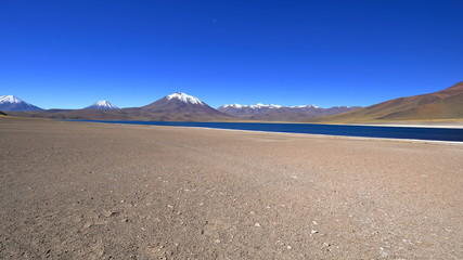The panorama of the Miscanti Lagoon in the Atacama Desert in Chile