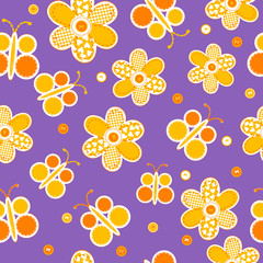 Seamless pattern with sewed butterflies and flowers