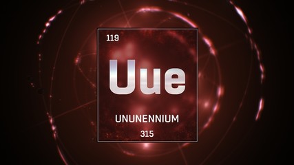 3D illustration of Unnunenium as Element 119 of the Periodic Table. Red illuminated atom design background with orbiting electrons. Design shows name, atomic weight and element number 