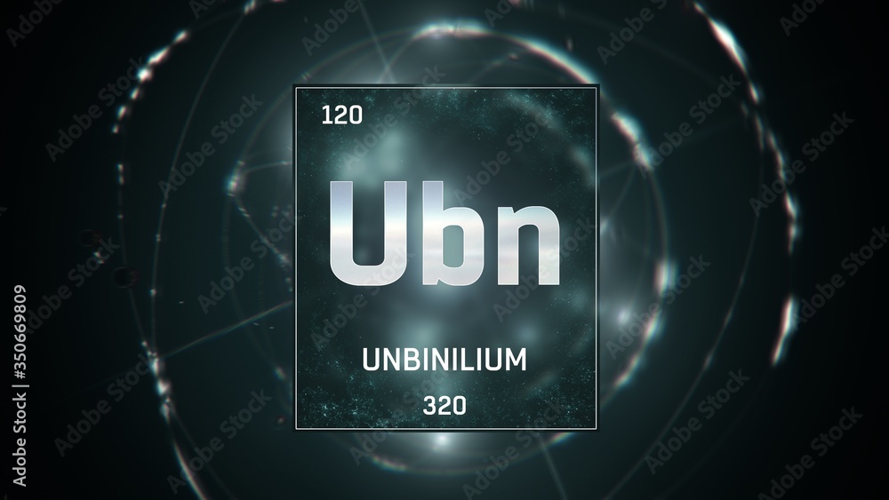 Poster 3d illustration of unbinilium as element 120 of the periodic table. green illuminated atom design ba - Posters