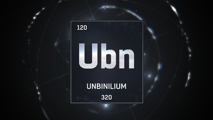 3D illustration of Unbinilium as Element 120 of the Periodic Table. Silver illuminated atom design background with orbiting electrons. Design shows name, atomic weight and element number 