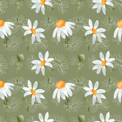 Cute square silent pattern daisy flower. Textural digital art on a green background. Print for fabrics, clothes, wrapping paper, cards, packaging, banners, children's textiles and books.