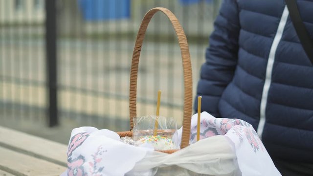 Easter. Easter cakes and eggs in anticipation of the consecration. In the festive bread, there are liturgical candles. Christ is Risen-XV. Anticipation of the consecration of Easter cakes.
