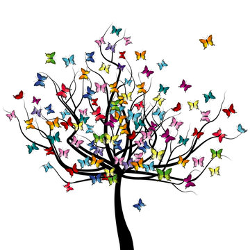 Tree with colored butterflies flying around it