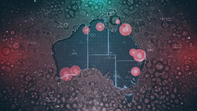 Motion graphics map of Australia with the localization and spread of the epidemic across the country. Suitable for mapping outbreaks of diseases, epidemics, the spread of crisis situations and emergen