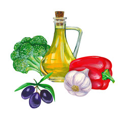 Olive oil bottle, bell pepper, garlic, broccoli on a white background. Vegetablr composition. Hand-drawn illustration.