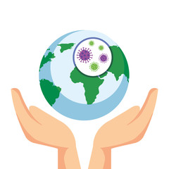 hands and planet earth with covid19 particles vector illustration design
