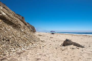 Fototapeta na wymiar Isolated tent on an empty beach with coastal debris, a blue sky and blue ocean