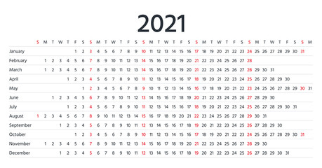 2021 linear calendar. Vector. Yearly calender planner. Schedule template with months. Week starts Sunday. Agenda organizer. Horizontal, landscape orientation, english. Simple illustration.