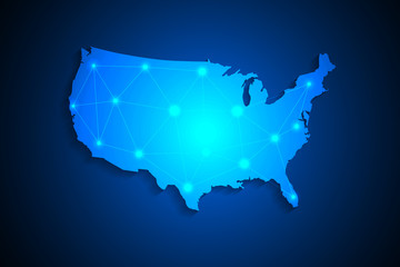 United States map on network connection, blue USA map, vector