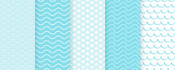 Seamless pattern with wave. Vector. Turquoise wavy background. Set textures with stripes, curly lines. Simple illustration. Sea geometric prints. Marine design.