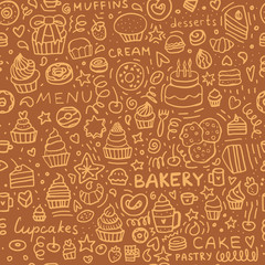 Bakery Doodle seamless pattern: Dessert Muffins, Cupcakes, Pastries, and Cakes. Brown set of pastry background. 